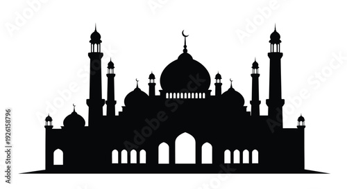 Black silhouette of an islamic mosque with minarets and dome silhouette