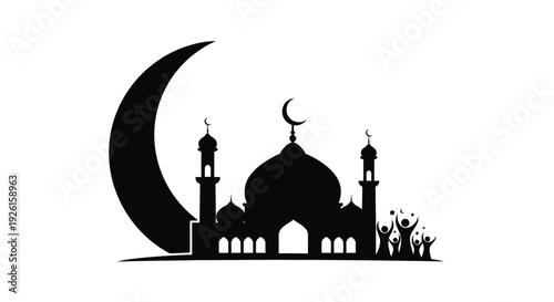 Islamic mosque and crescent moon design striking black silhouette