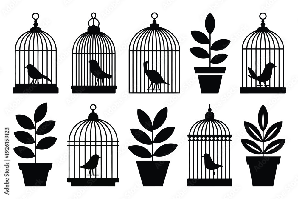 Fototapeta premium Bird cage silhouette vector illustration with potted plant icons