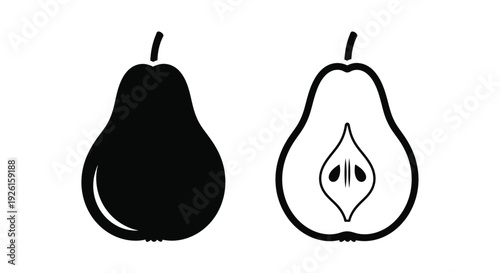 Two pears one whole and one halved in stark contrast silhouette