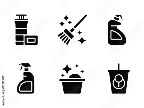 Cleaning supplies and tools arranged in a grid pattern on a white background.