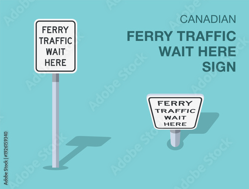 Traffic regulation rules. Isolated canadian "ferry traffic wait here" road sign. Front and top view. Flat vector illustration template.