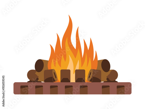 A cartoon illustration of a fire burning in a brick fireplace with logs.