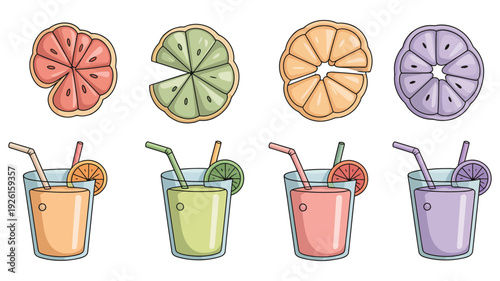 A colorful illustration of citrus fruits and refreshing drinks with straws