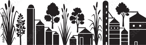 Black and white farm landscape with buildings and trees