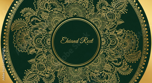 Elegant gold floral design on dark green background with ornate patterns and text