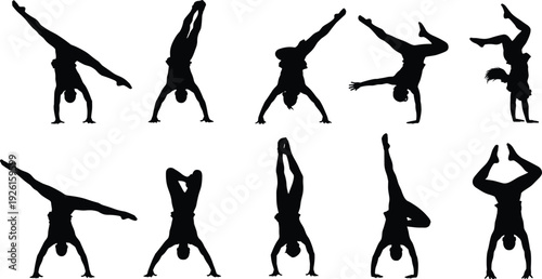 Silhouettes of People Doing Handstands and Breakdancing Poses Set of Athletic Male and Female Gymnasts Figures Isolated on White Background