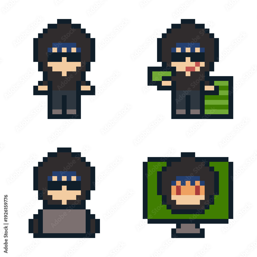 Fototapeta premium 8-bit pixel art hacker character set