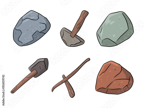 A collection of rocks and tools for various tasks and activities.