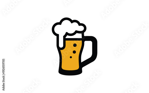 A cartoon beer mug filled with frothy beverage and foam on top.