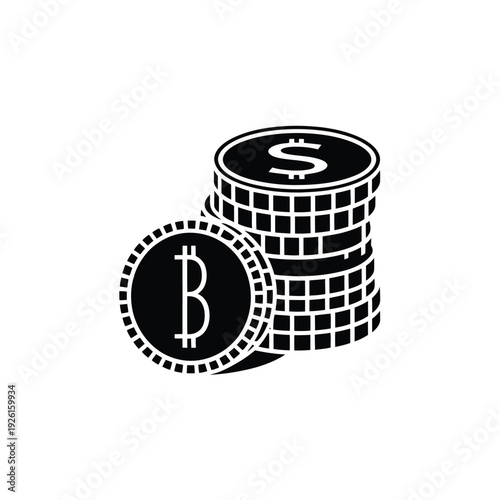 A stack of cryptocurrency coins featuring bitcoin and usd symbols.