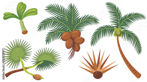 Palm tree vector illustrations with various tropical plant species and leaves