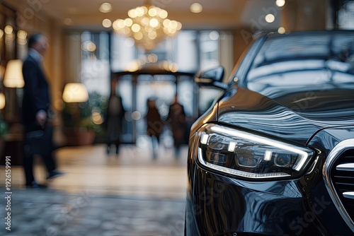 Luxury Black Car Exterior Detail in Modern Hotel Lobby.