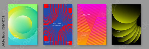 Set of four diverse abstract posters including liquid spheres geometric arches and vibrant linear patterns for contemporary design projects