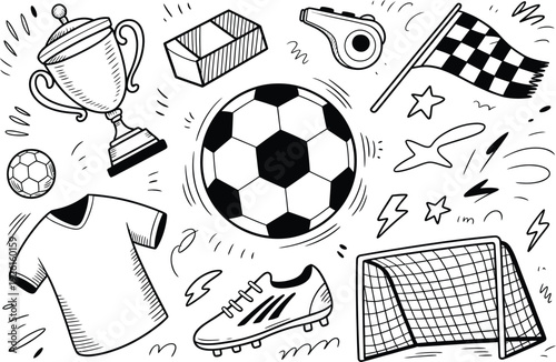 Black and White Doodle Style Soccer Illustration with Ball, Trophy and Goal Elements