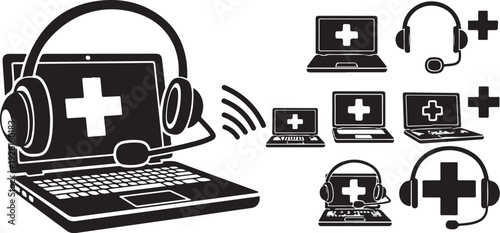 Medical Call Center Illustration with Headsets and Laptops