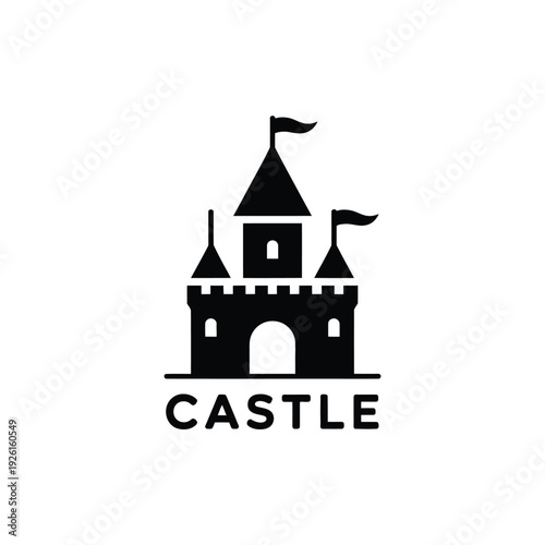 A simple black and white illustration of a castle with towers and flags.