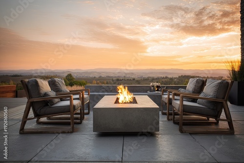 Luxury patio with fire pit, chairs, and sunset view