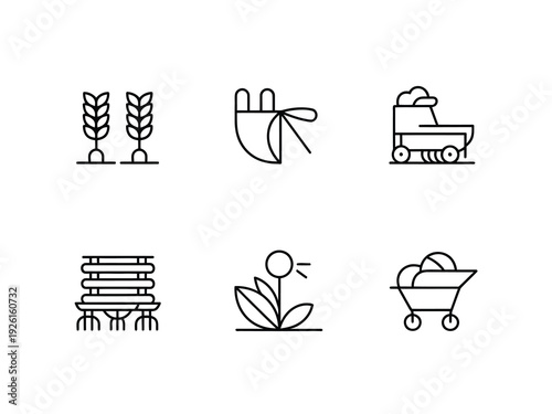 Simple icons representing various agricultural elements and tools in a minimalist style.