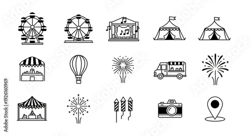 Festival and carnival icons including rides food trucks fireworks and photography on white background