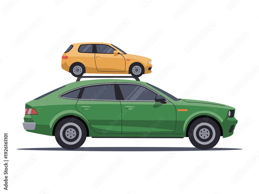 Fototapeta premium A green car carrying a smaller orange car on its roof in a simple illustration.