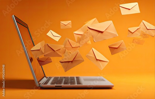 Laptop Emitting Envelopes Symbolizing Digital Communication and Email Marketing.