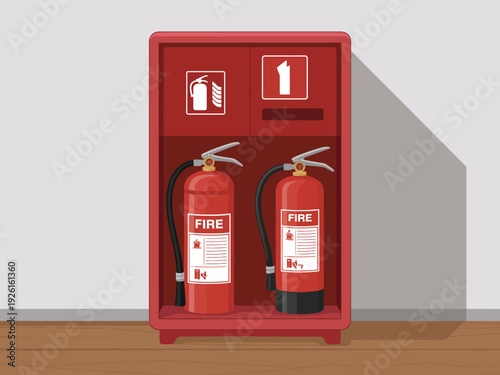 A red fire extinguisher cabinet with two extinguishers inside on a wooden floor.