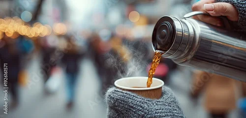 Fototapeta Close-up of hot coffee being poured from a thermos into a paper cup on a cold winter day.