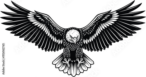 Majestic Owl with Spread Wings Black and White Vector Illustration