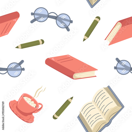 Vector Seamless Pattern with Books and Glasses, Hot Drink and Pencils. Cozy Decor for Packages, Wallpapers and Textiles. Illustration for World Book and Knowledge Day.