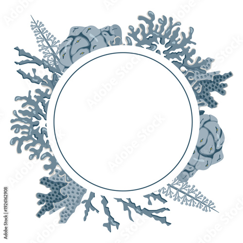 Vector round frame with various corals. Perfect for wedding invitations, thank you cards and romantic notes.