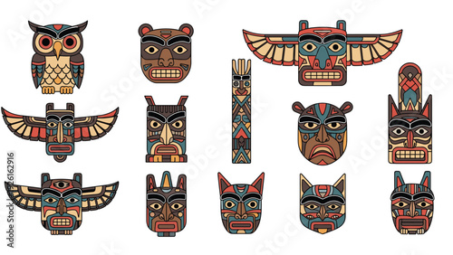 Diverse collection of colorful Native American totem poles and masks, representing indigenous culture, art, and spirituality.