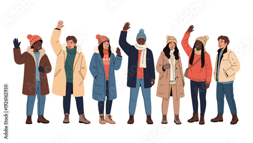 Diverse group of smiling people in warm winter clothing, waving hands in greeting, celebrating friendship and inclusivity.