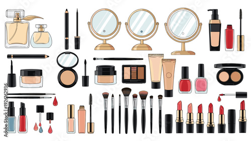 Extensive collection of makeup and cosmetics products, including perfume, brushes, lipstick, and mirrors, for beauty and fashion.