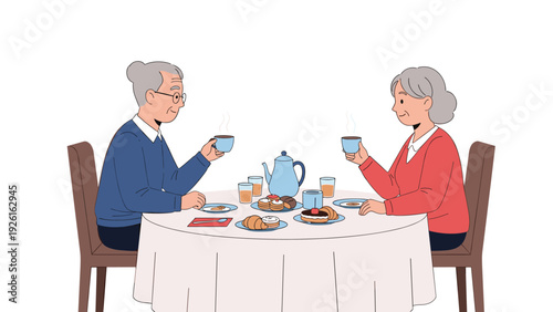Elderly couple enjoys a peaceful breakfast together at a table, sharing coffee and pastries, symbolizing companionship and comfort.