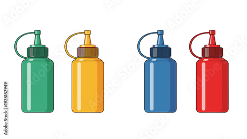 Set of four colorful condiment squeeze bottles for sauces like ketchup, mustard, and mayonnaise, on a white background.