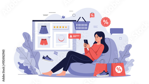 Woman comfortably shops online on her smartphone, surrounded by shopping bags and discount tags, representing modern e-commerce.