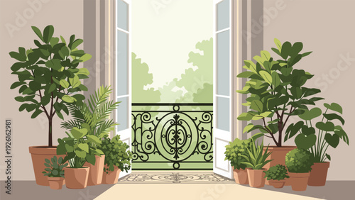 Beautiful balcony with open doors, overlooking lush greenery, surrounded by various potted plants, creating a serene outdoor space.