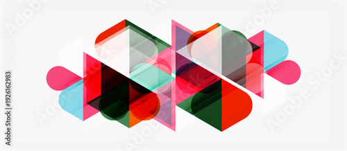 Abstract geometric shapes overlap, creating colorful composition. Modern design utilizes transparency, gradients, vibrant hues.