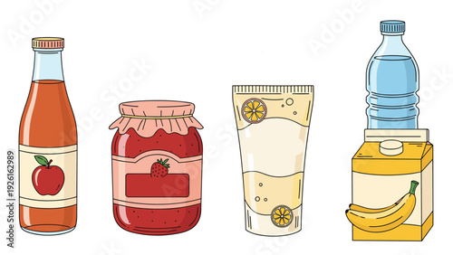 Assorted collection of various grocery items including juice, jam, cosmetic cream, water bottle, and fruit, for food and beverage.