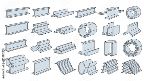 Extensive collection of various metal profiles and rolled steel shapes, used in construction, engineering, and manufacturing.