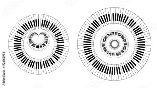 Two unique circular piano key arrangements, creating abstract musical patterns, symbolizing creativity and the art of music.