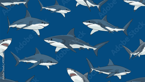 Seamless pattern of various sharks swimming in a deep blue ocean, illustrating marine life and ocean predators, in pixel art style.