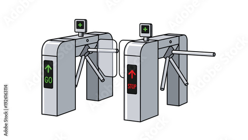 Two turnstiles with "go" and "stop" indicators, regulating access in public transport or entry points, in an isometric illustration.