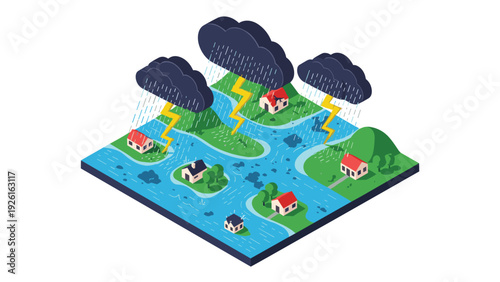 Isometric illustration of a flooded village with houses surrounded by water, heavy rain, and lightning, depicting a natural disaster.
