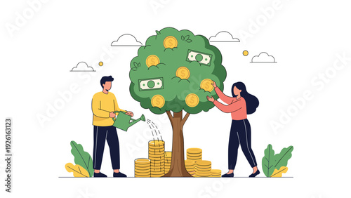 Two people watering and harvesting money from a money tree, symbolizing financial growth, investment, and wealth generation.