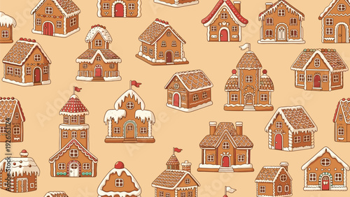 Seamless pattern of various gingerbread houses decorated with white icing and candy, for Christmas and winter holiday celebrations.