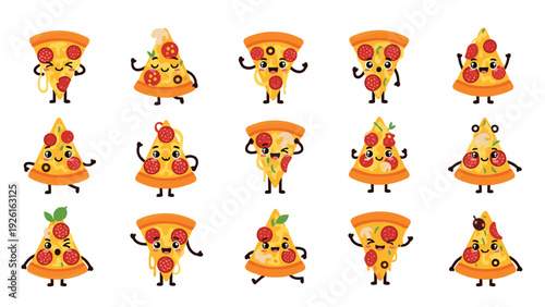 Collection of funny and cute pizza slice characters with various toppings and expressions, for food-related designs and fun.