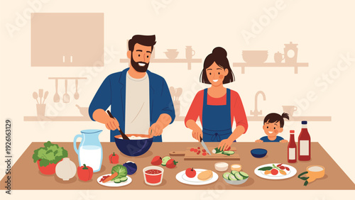Happy family in the kitchen, with parents cooking and preparing healthy food while their child watches, depicting a domestic scene.