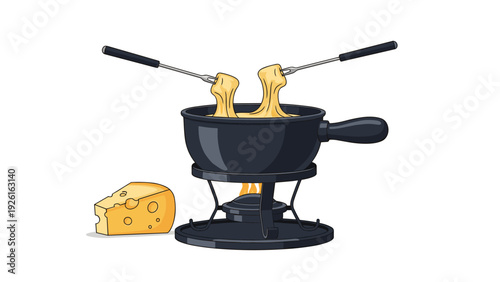 Traditional cheese fondue pot with melting cheese and two dipping forks, beside a wedge of Swiss cheese, isolated on white.